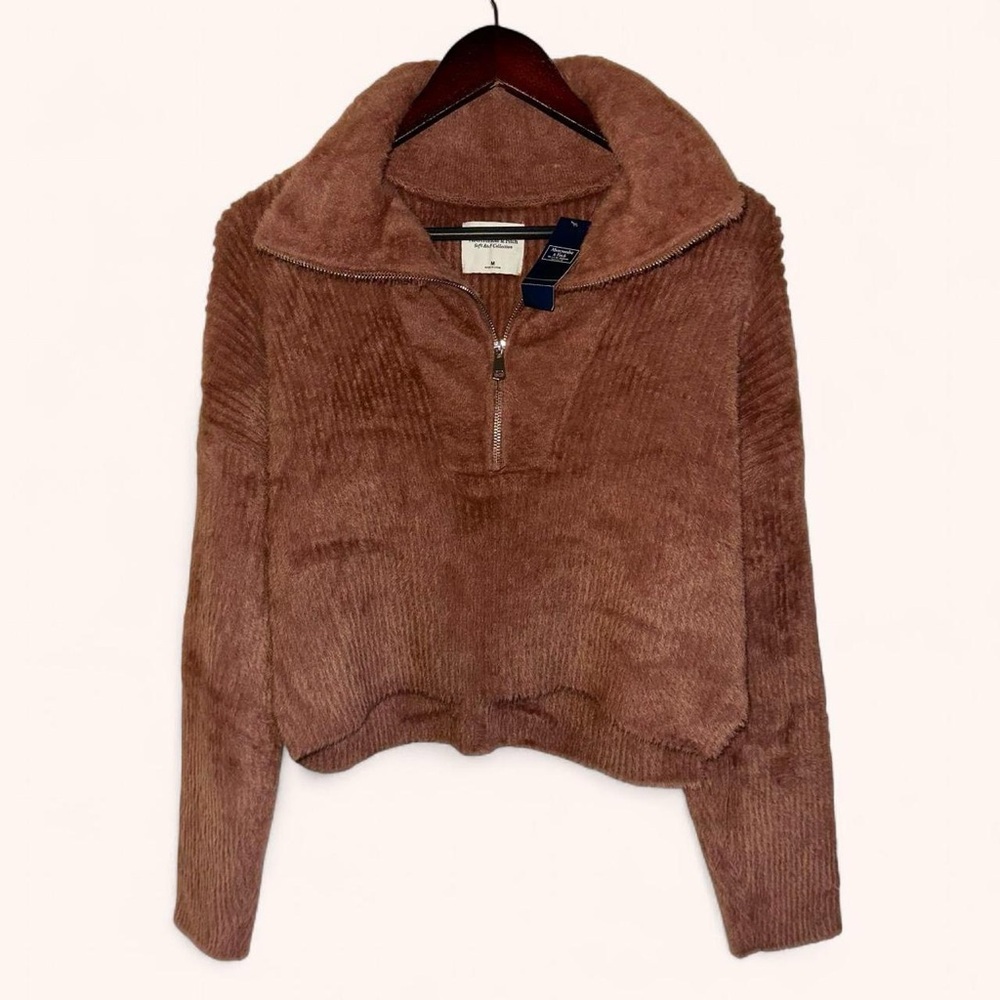 Abercrombie Luxe Ultra Soft Brown Pink Rose Half Zip Long Sleeve Plush Sweater